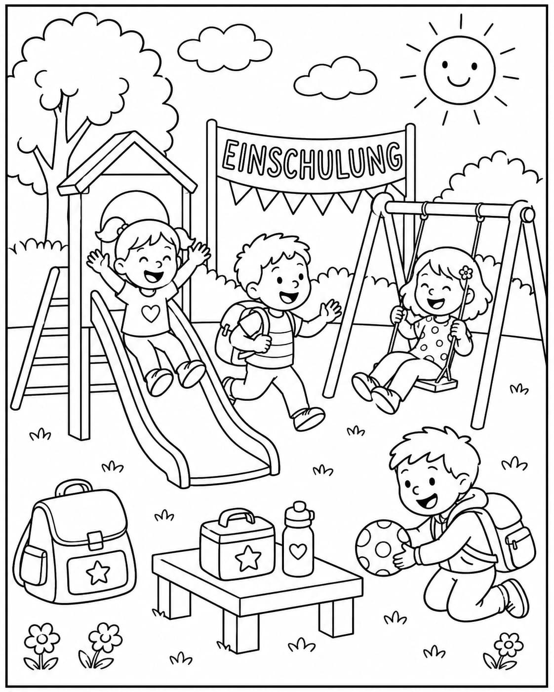Einschulung Motiv 9 als kostenloses Ausmalbild für Kinder